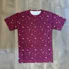 Maroon T-shirt with an all-over sushi pattern